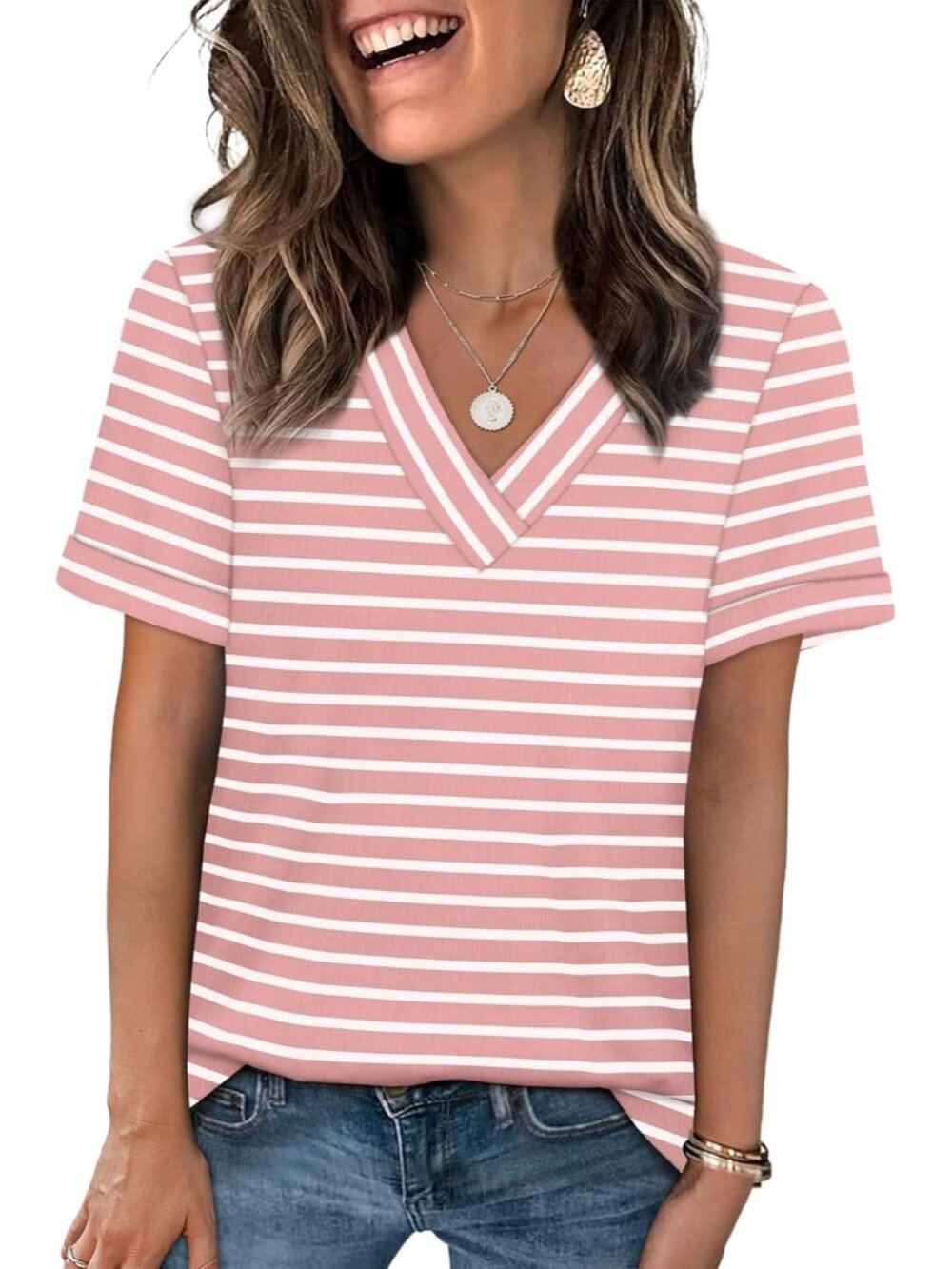 🆕Women's Pink White Strip Tops Short Sleeve Basic Casual V Neck T Shirts Trendy